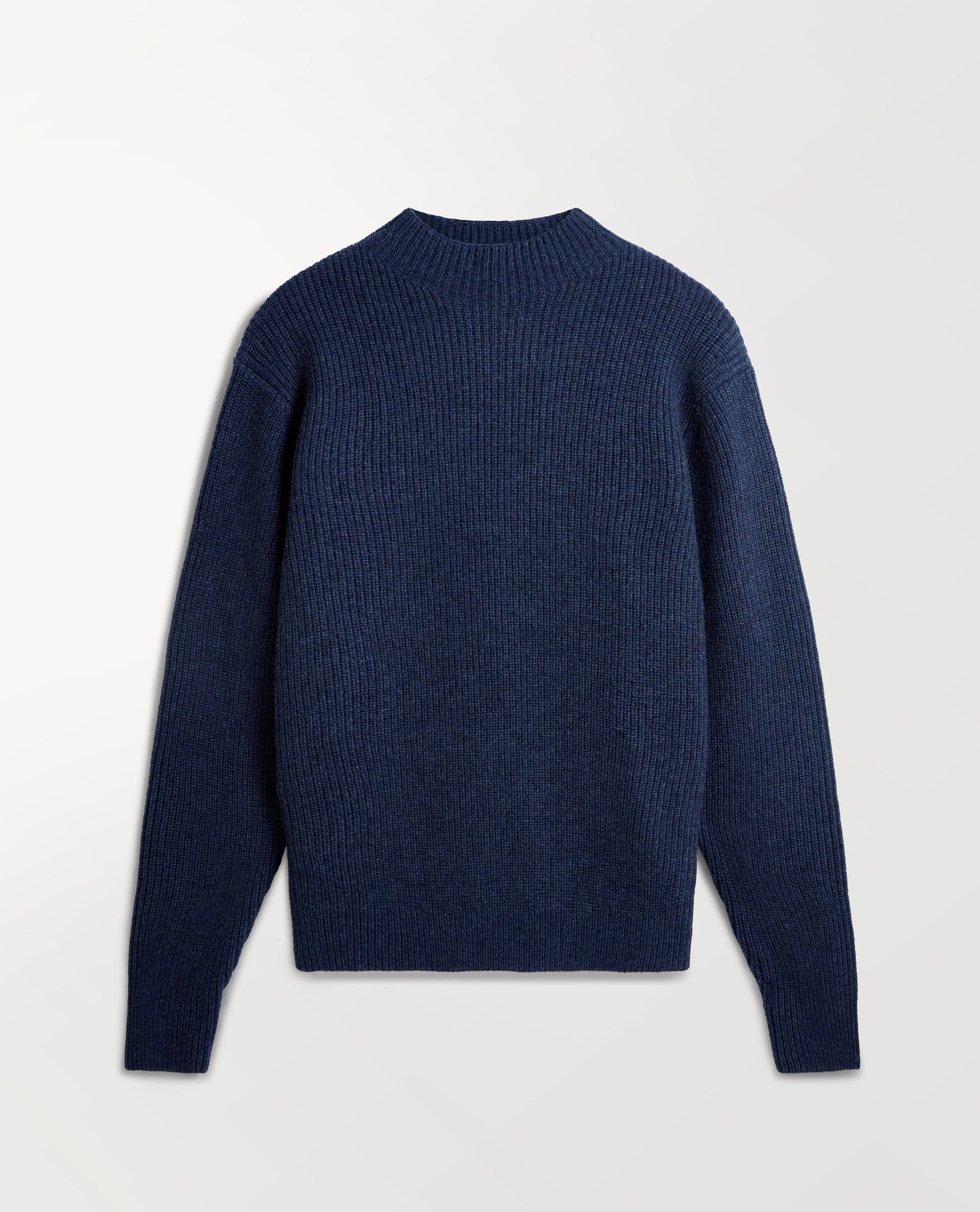 Close up of Rise & Fall's indigo blue cashmere merino stand neck jumper.