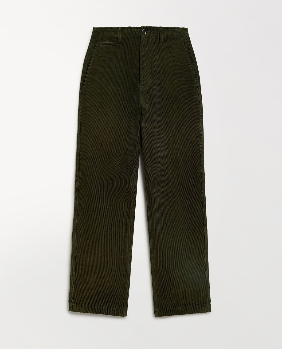 Close up of Rise & Fall's military green corduroy trousers.
