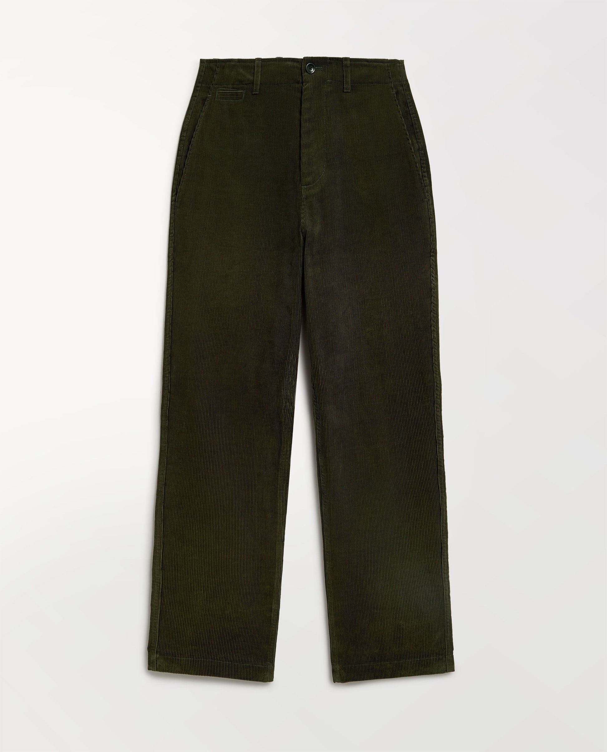 Close up of Rise & Fall's military green corduroy trousers.