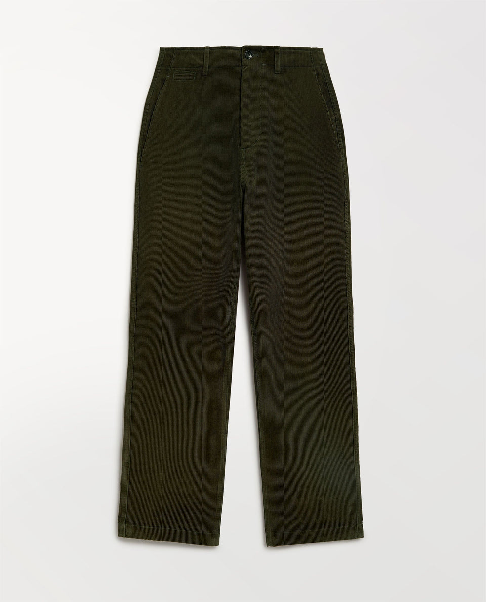 Close up of Rise & Fall's military green corduroy trousers.