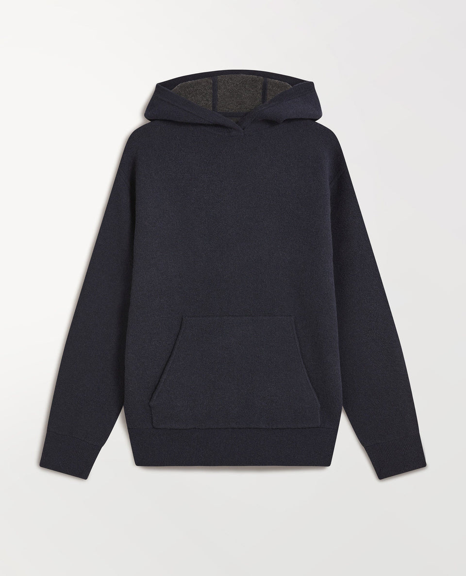 Close up Rise & Fall's navy cashmere merino double-faced hoodie.