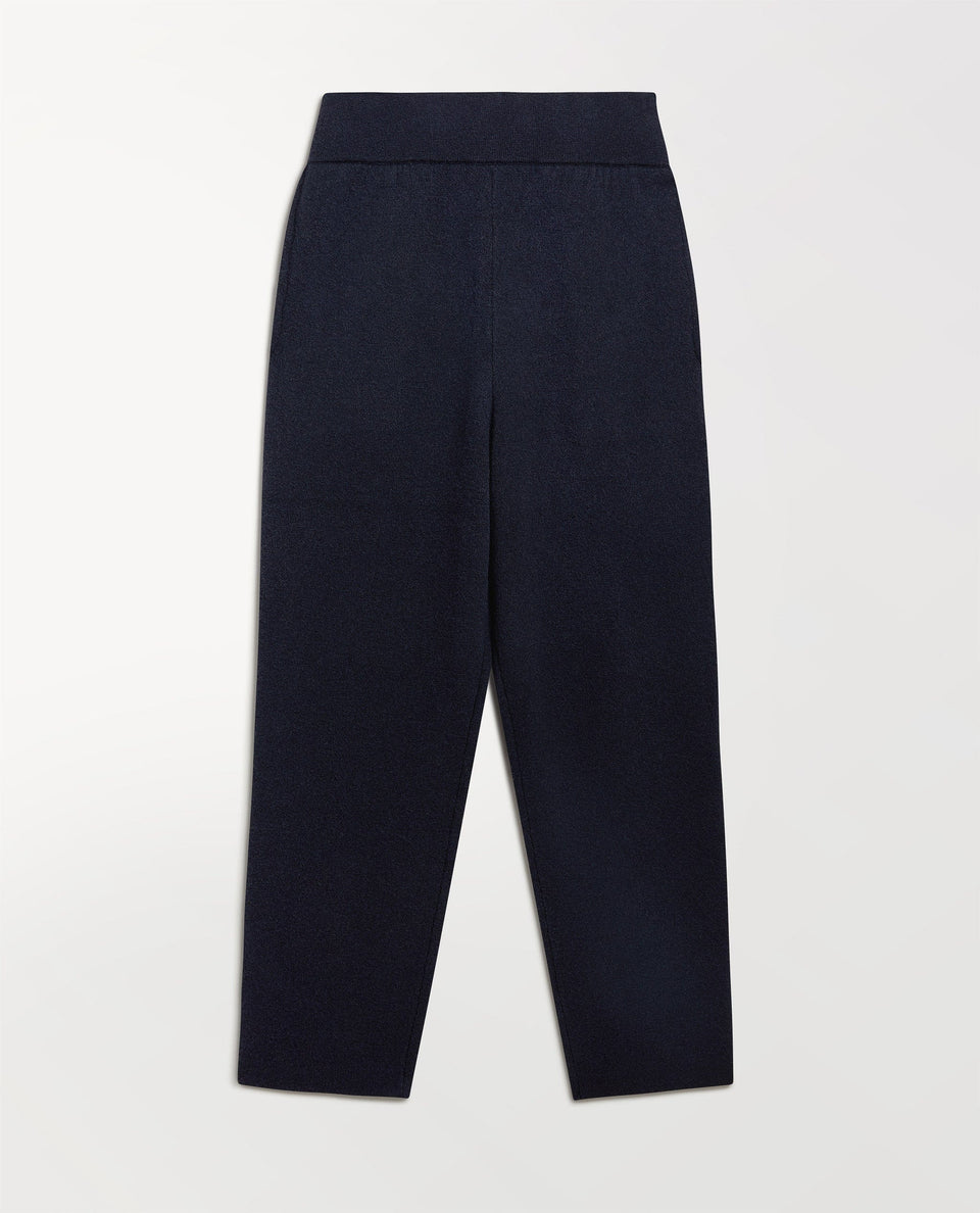 Close up Rise & Fall's navy cashmere merino double-faced joggers.