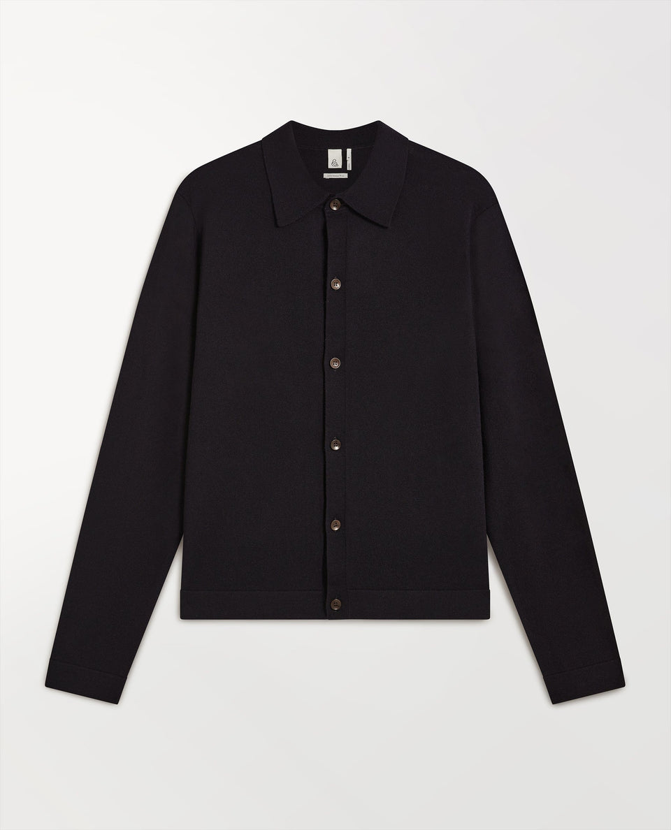 Rise & Fall's navy fine merino knit shirt.